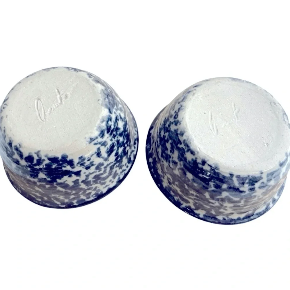 Handmade Pottery Apple Baker Dishes Set of 2 Artist Signed Blue Spongeware